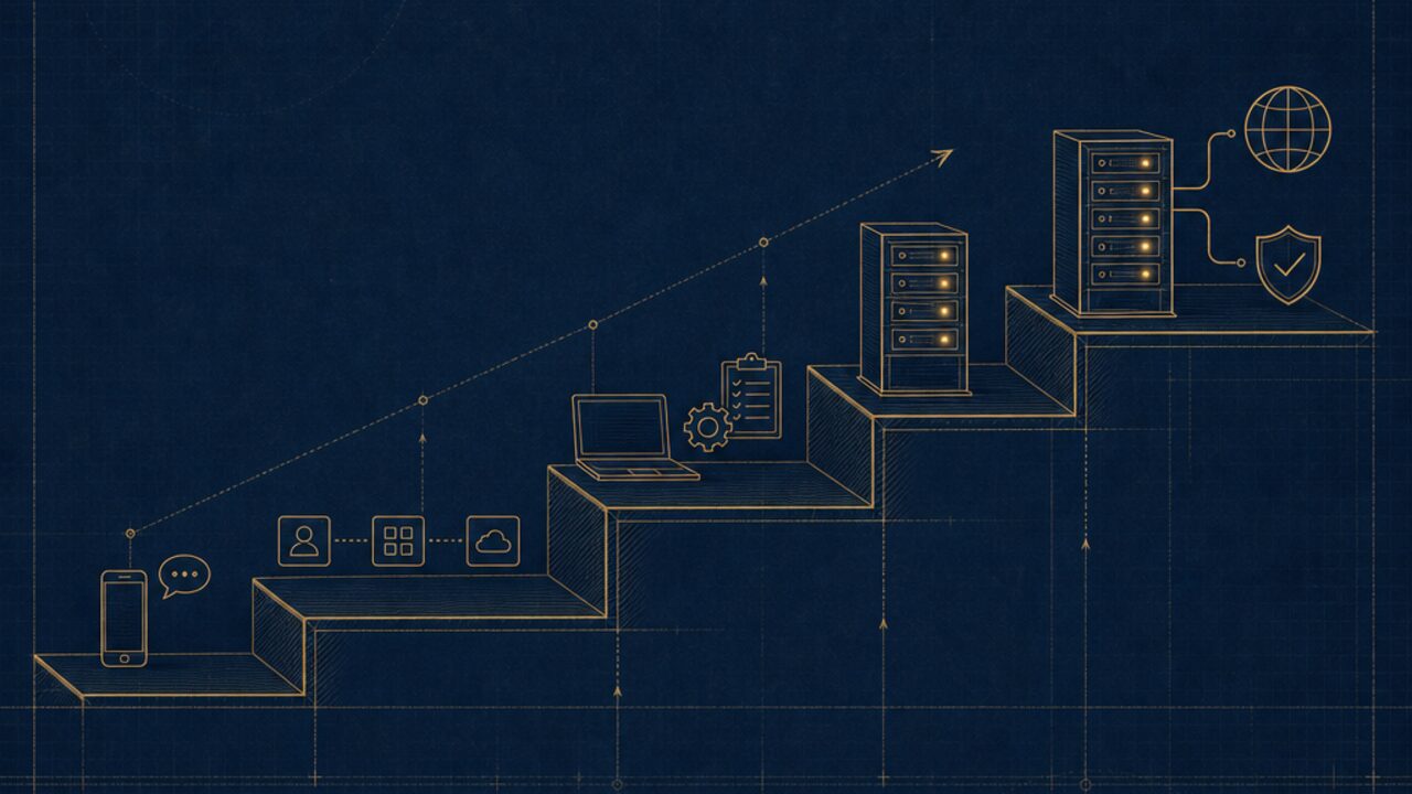 The five levels: from personal chatbot use to a governed operation with a private AI team and open interfaces